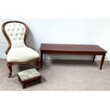 A late Victorian mahogany spoonback bedroom chair, with buttoned upholstery; together with a small