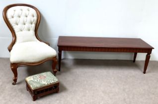 A late Victorian mahogany spoonback bedroom chair, with buttoned upholstery; together with a small