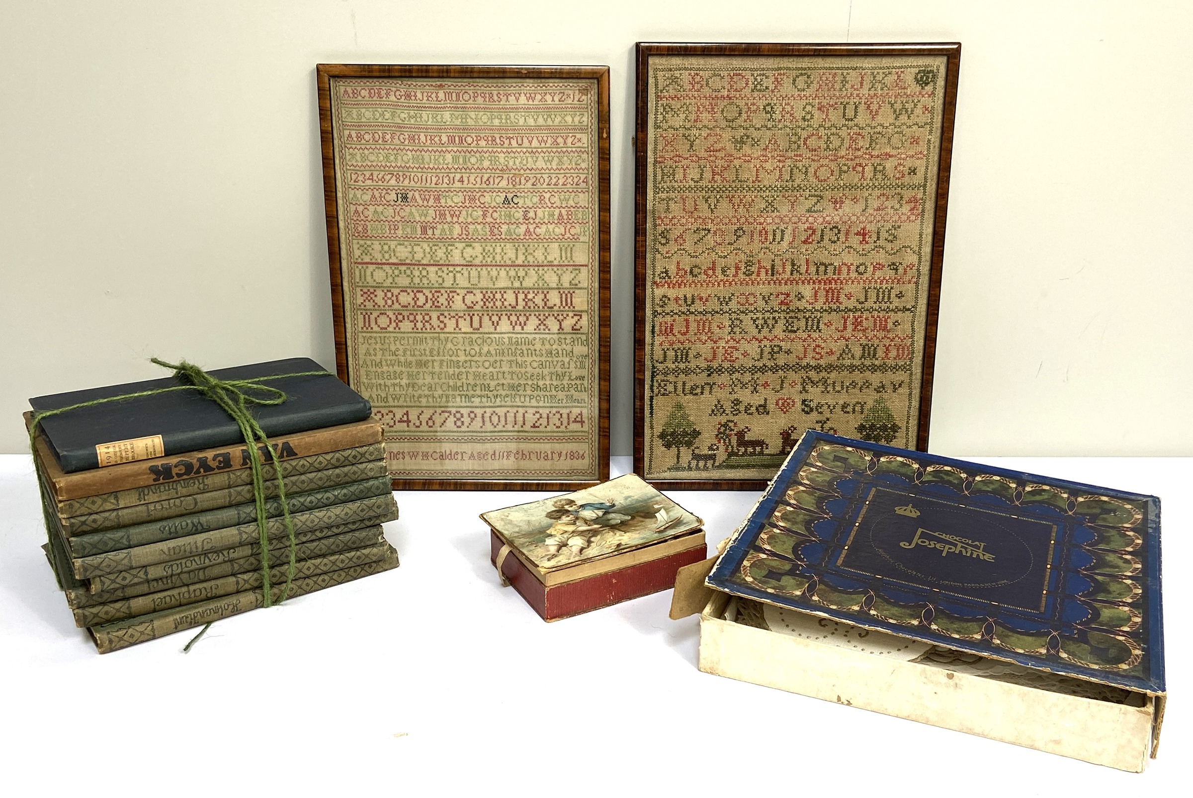 Two 19th century embroidered samplers, including one signed by Agnes W H Calder, Aged 11, February