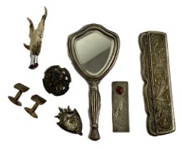 A selection of silver and white metal items, including a Celtic brooch; a grouse foot brooch; a