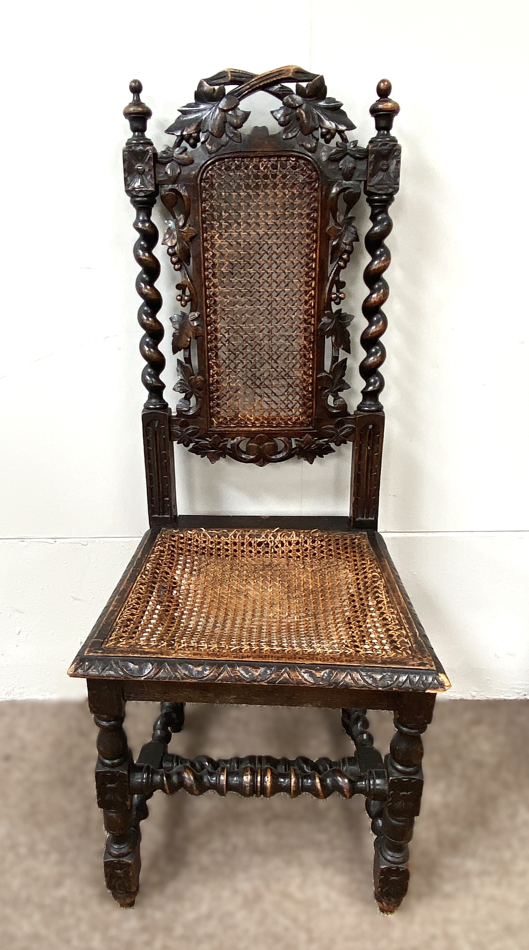 A pair of late Victorian oak framed hall chairs, with vine carved crests and caned seats; also two - Bild 2 aus 12