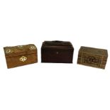 A Victorian walnut tea caddy, with Gothic brass and ivory mounts, fitted with two canisters; also