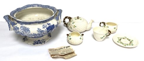 An Irish Belleek part tea service, circa 1900, the teapot with 'basket weave' embossed sides and