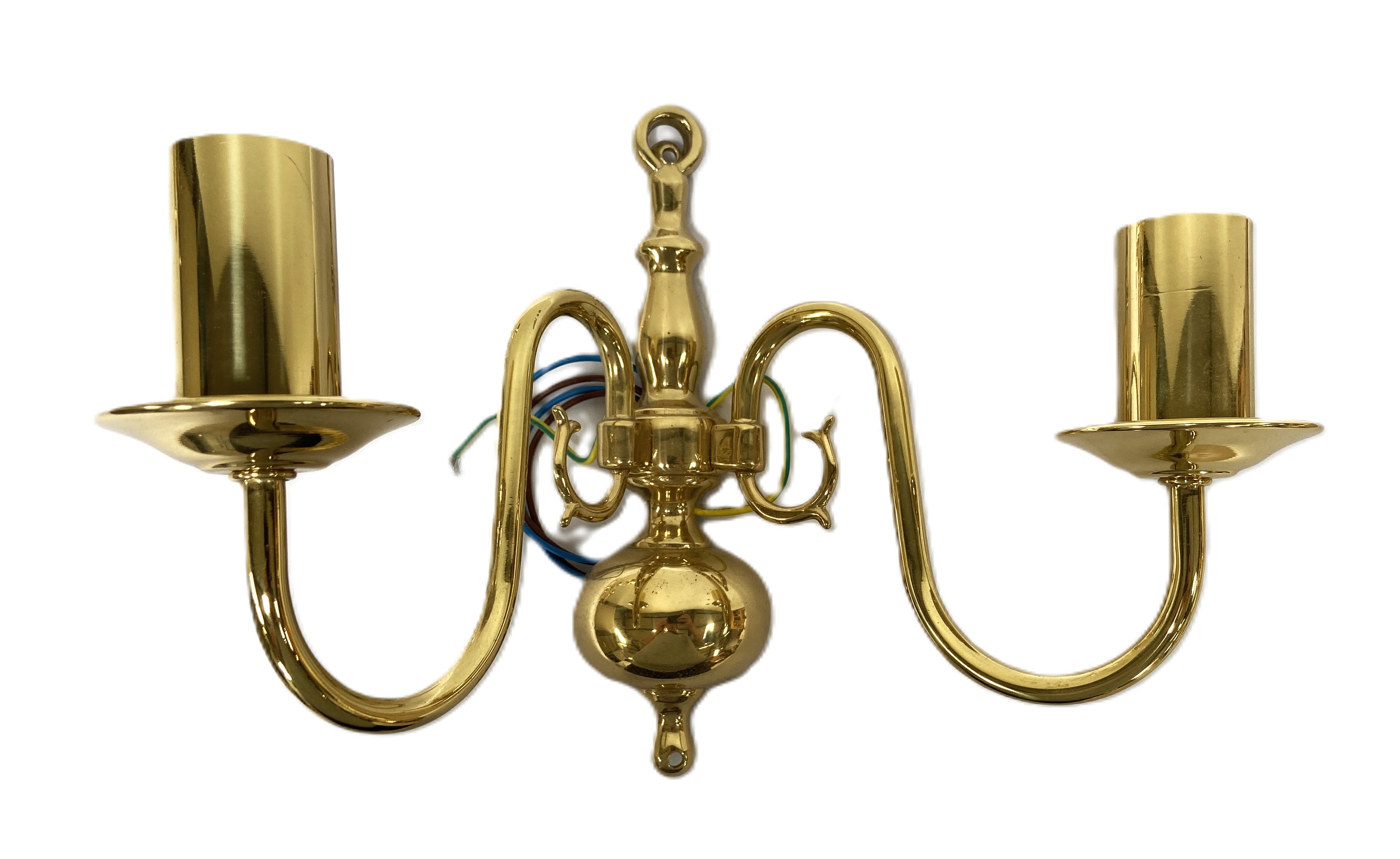 A set of four gilt metal twin light wall fittings, with scroll arms