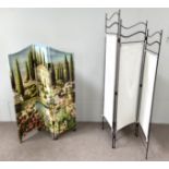 Two modern room divide screens, one with three arched painted panels, decorated overall with a