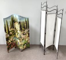 Two modern room divide screens, one with three arched painted panels, decorated overall with a