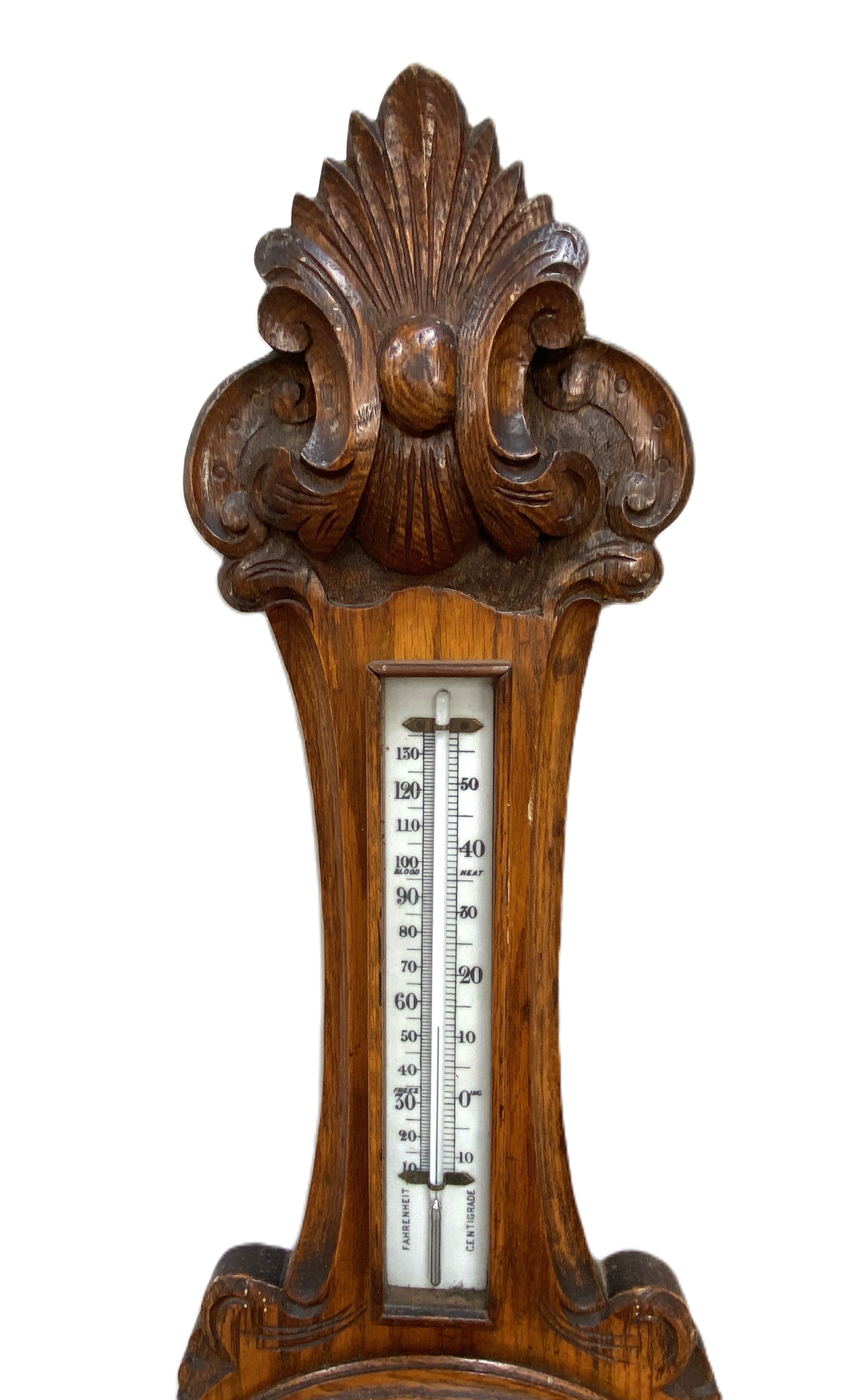 Two Victorian oak cased aneroid wall barometers, late 19th century, both with moulded and carved - Image 3 of 7