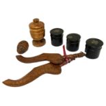 Assorted novelty items, including a carved nut pomander, with screw top; also a boxwood turned