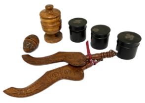 Assorted novelty items, including a carved nut pomander, with screw top; also a boxwood turned