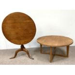 A George III style oak wine table, with tripod base, 75cm diameter; together with a coffee table (