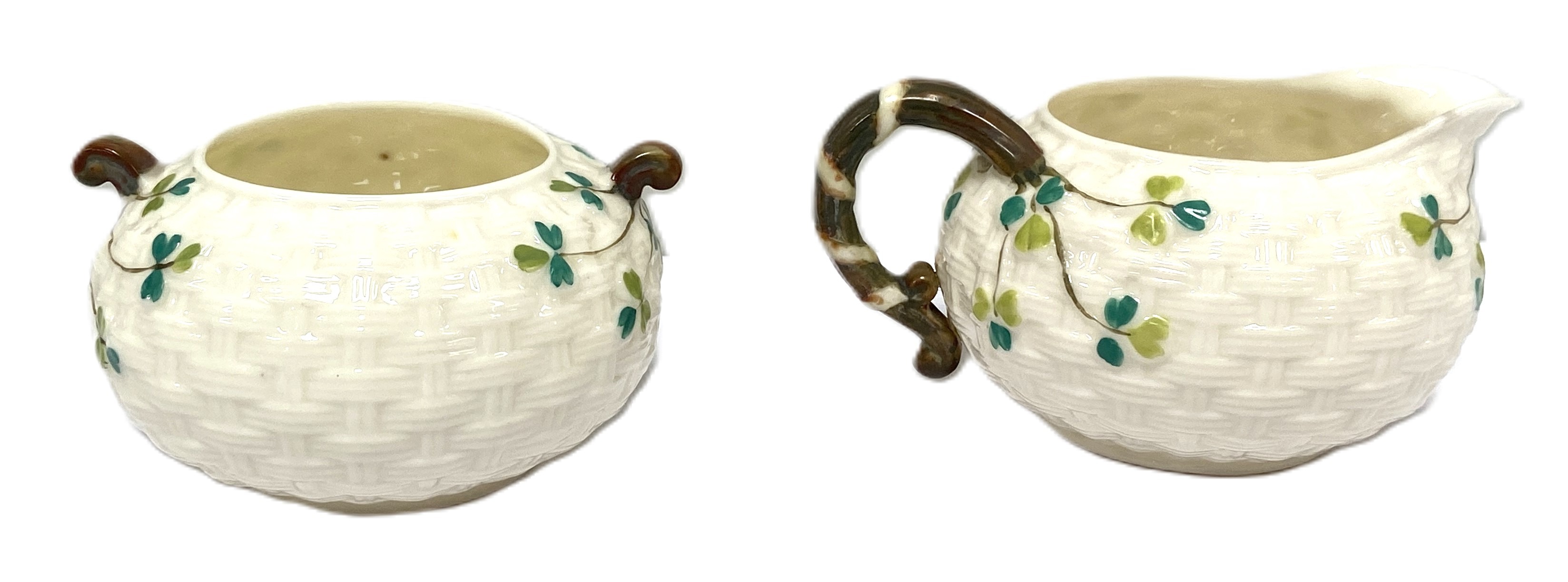 An Irish Belleek part tea service, circa 1900, the teapot with 'basket weave' embossed sides and - Image 5 of 8