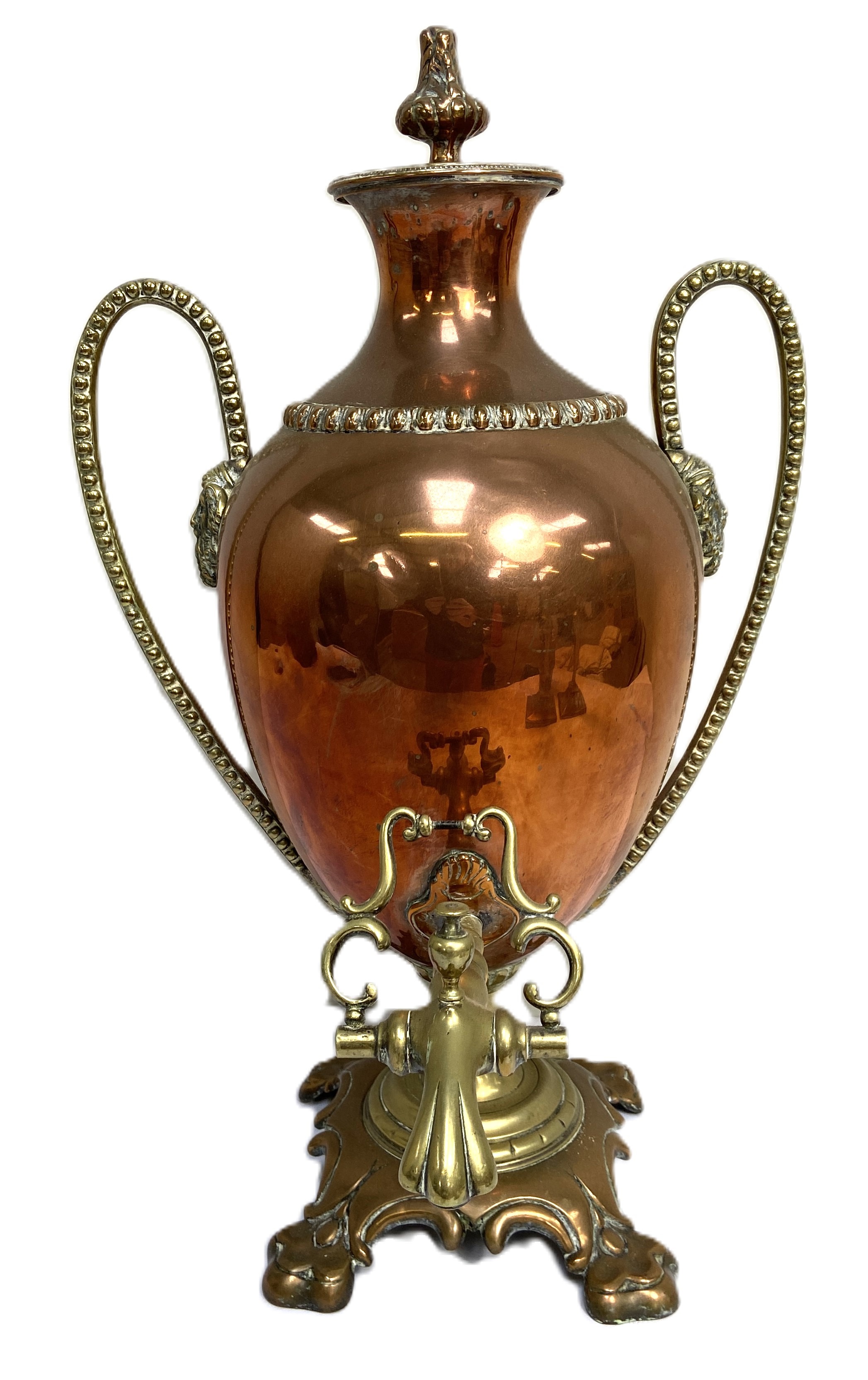 A 19th century copper and brass samovar, together with a pair of large brass candlesticks, the - Image 2 of 6