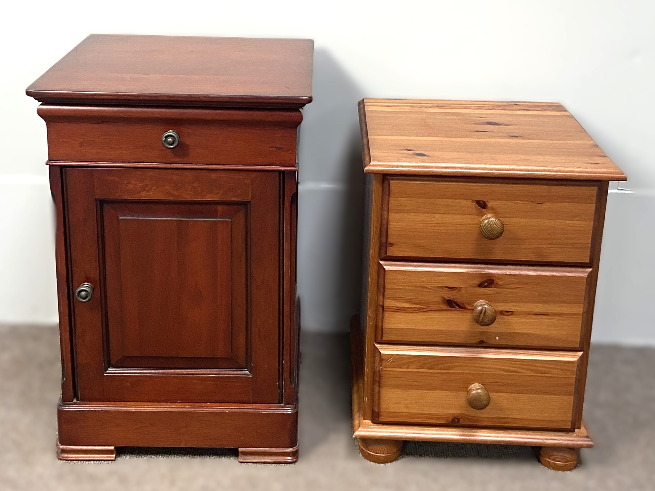 A modern pine bedside chest, with three drawers; als a small bedside cabinet, with a single