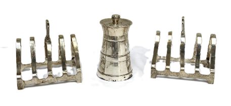 A silver pepper grinder, Birmingham 1905, of capstan form; together with a pair of four section
