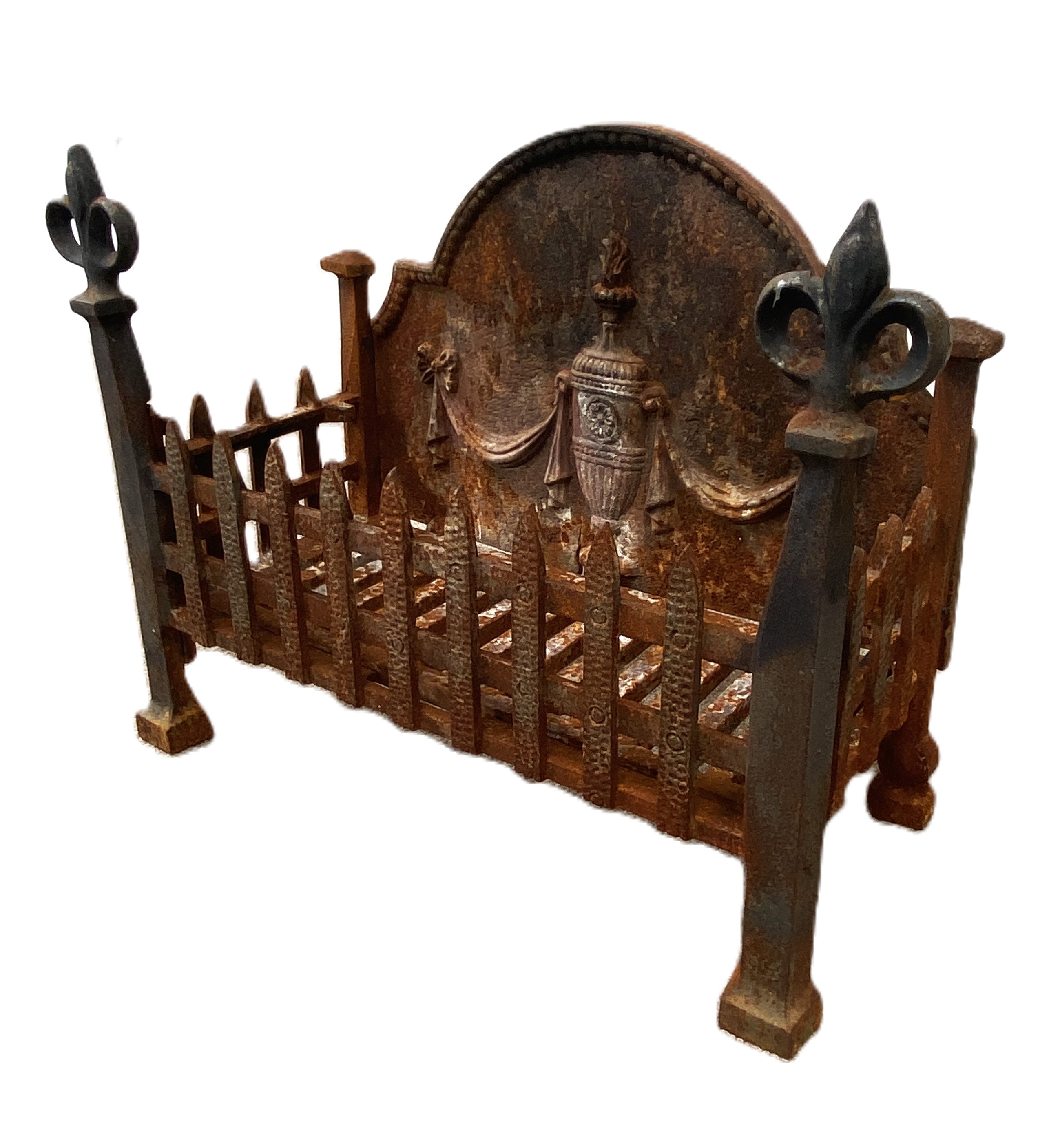 A vintage cast iron fire grate, with integral Adam style arched fire-back and fleur de lys finials - Image 2 of 3