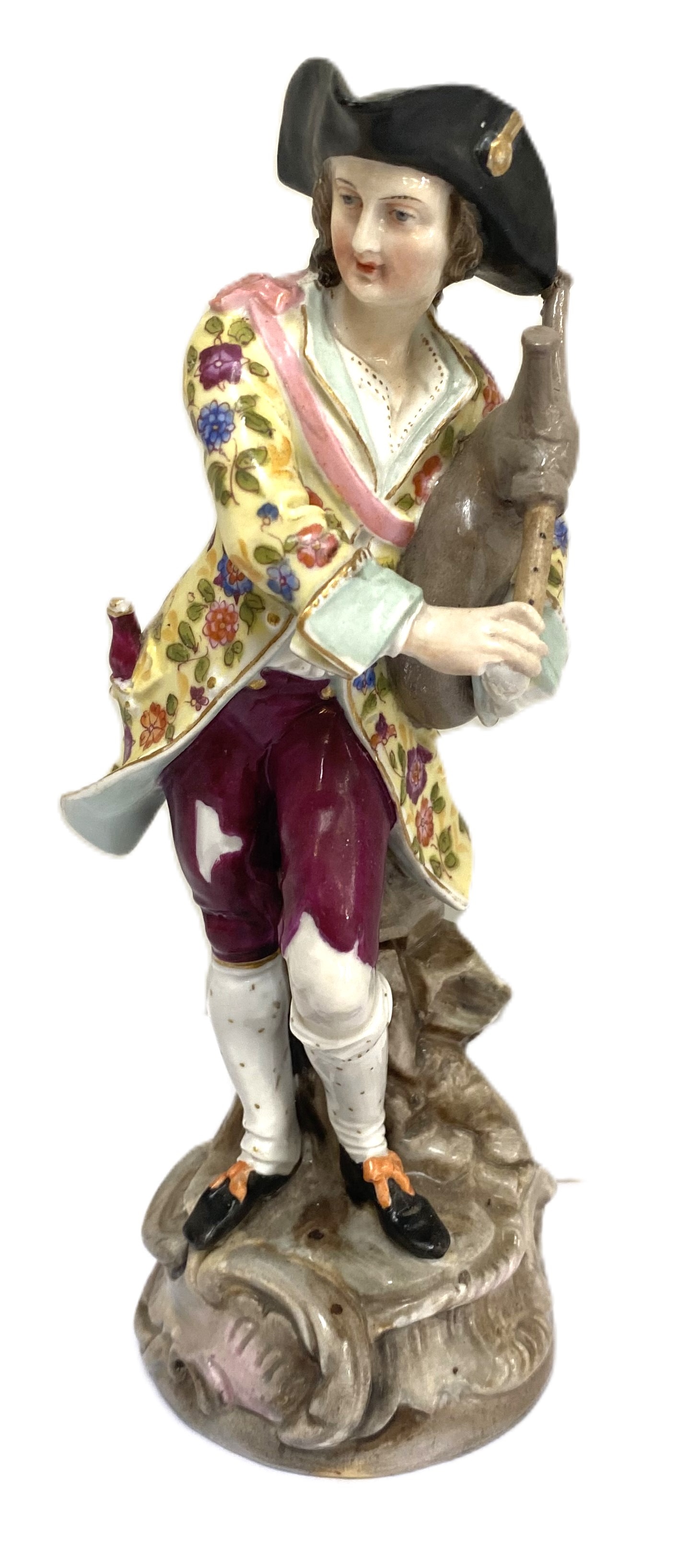 A pair of Dresden porcelain figures of a Lady and Gallant, dressed for hunting, she with a musket - Image 3 of 6
