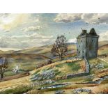 T J BERTRAM, Scottish (XX), Three paintings, including a view of Newark Tower, watercolour/ gouache,