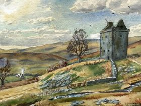 T J BERTRAM, Scottish (XX), Three paintings, including a view of Newark Tower, watercolour/ gouache,