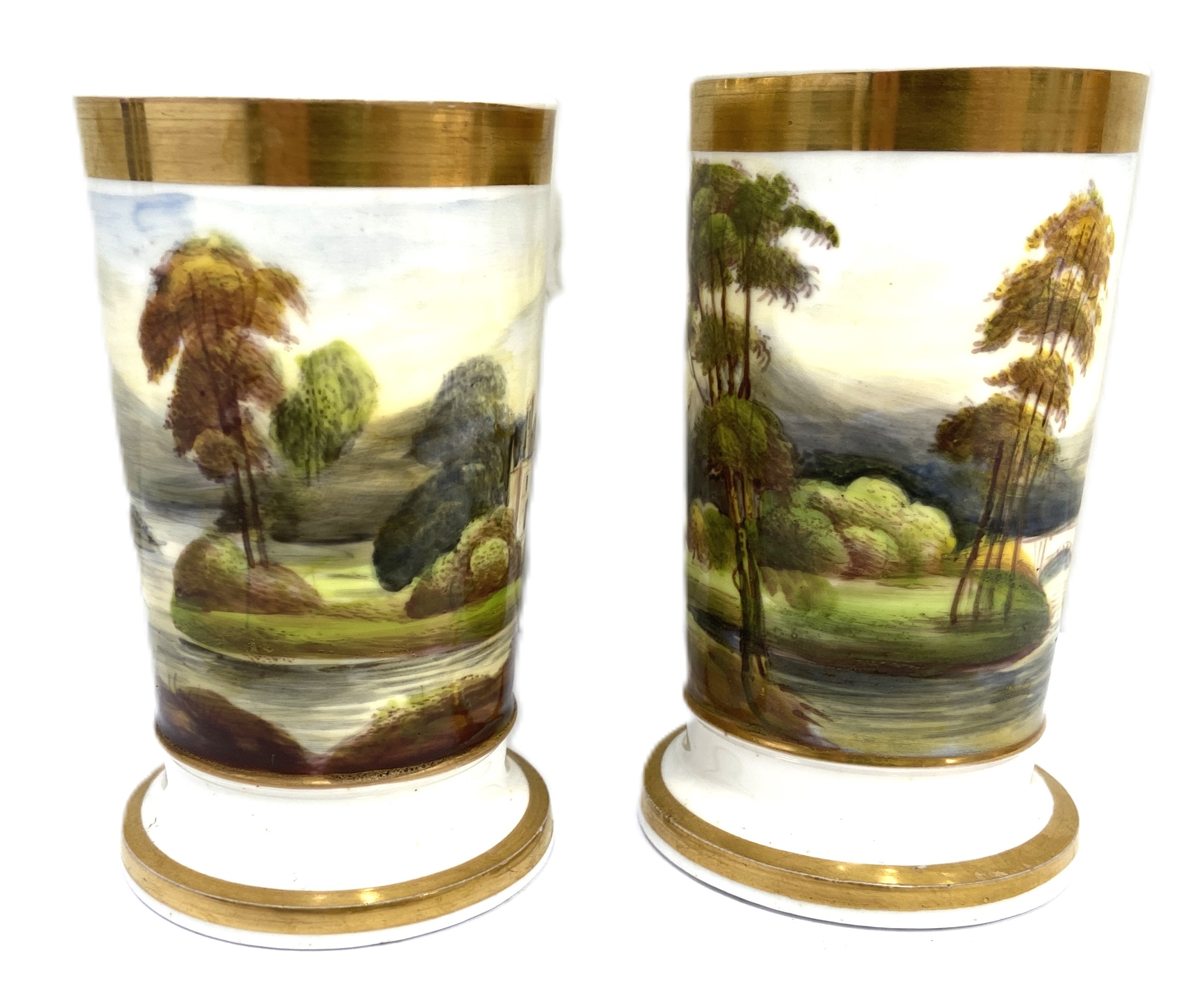 A pair of Staffordshire bone china spill vases, 19th century, decorated with country views, 12cm - Image 3 of 5