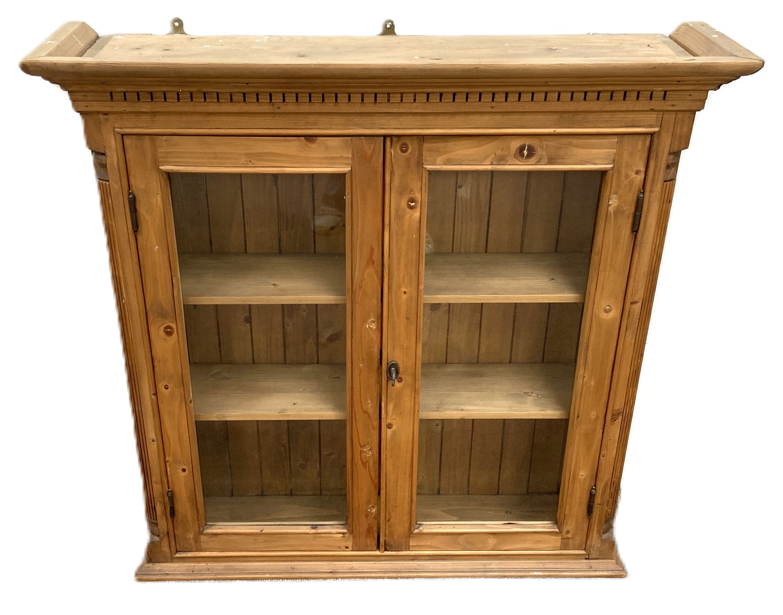 A Georgian style pine display case, modern, with two glazed doors opening to two shelves - Image 2 of 5