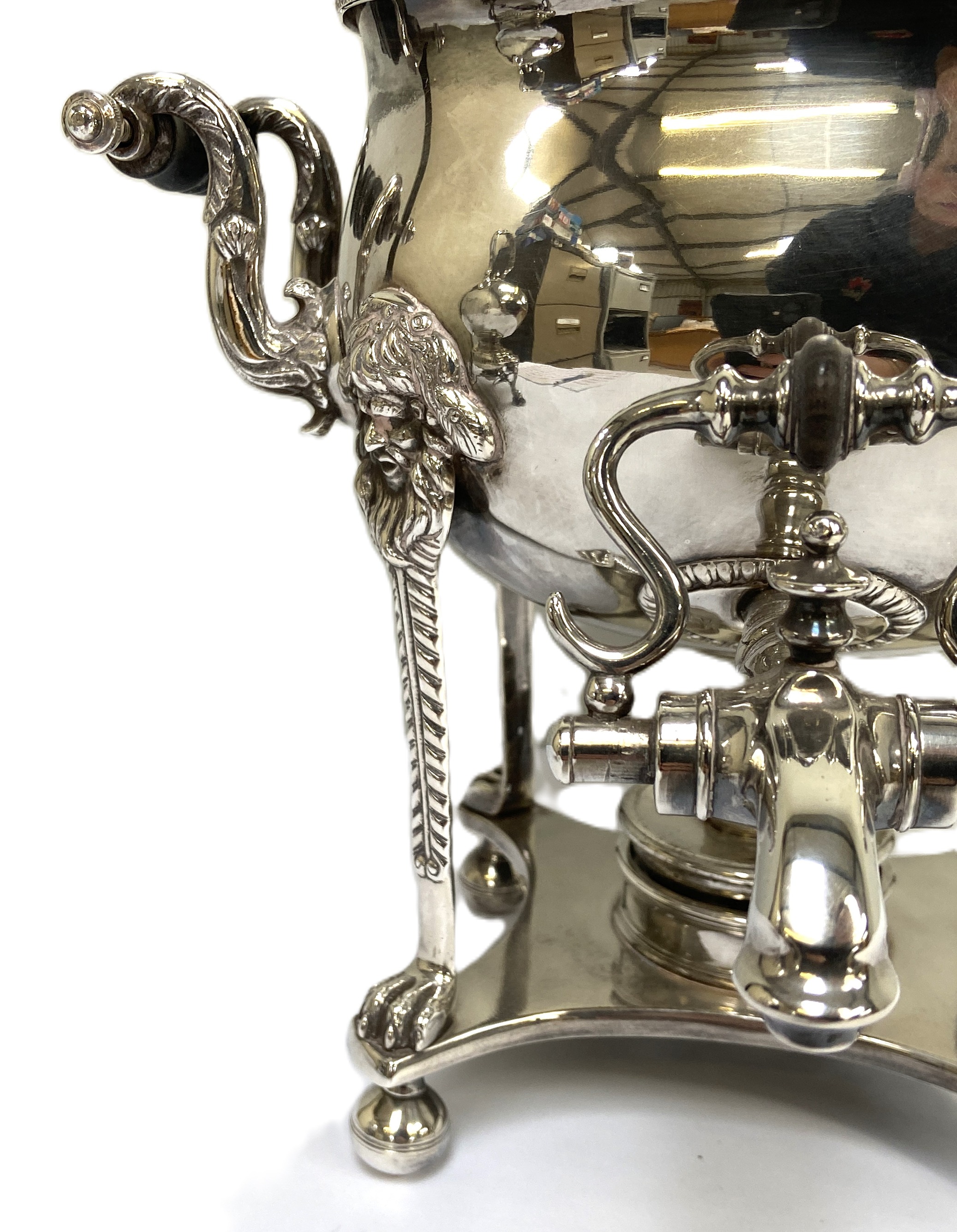 An Old Sheffield Plate samovar, 19th century, with twin ebonised side handles, a tap mounted urn and - Image 7 of 9