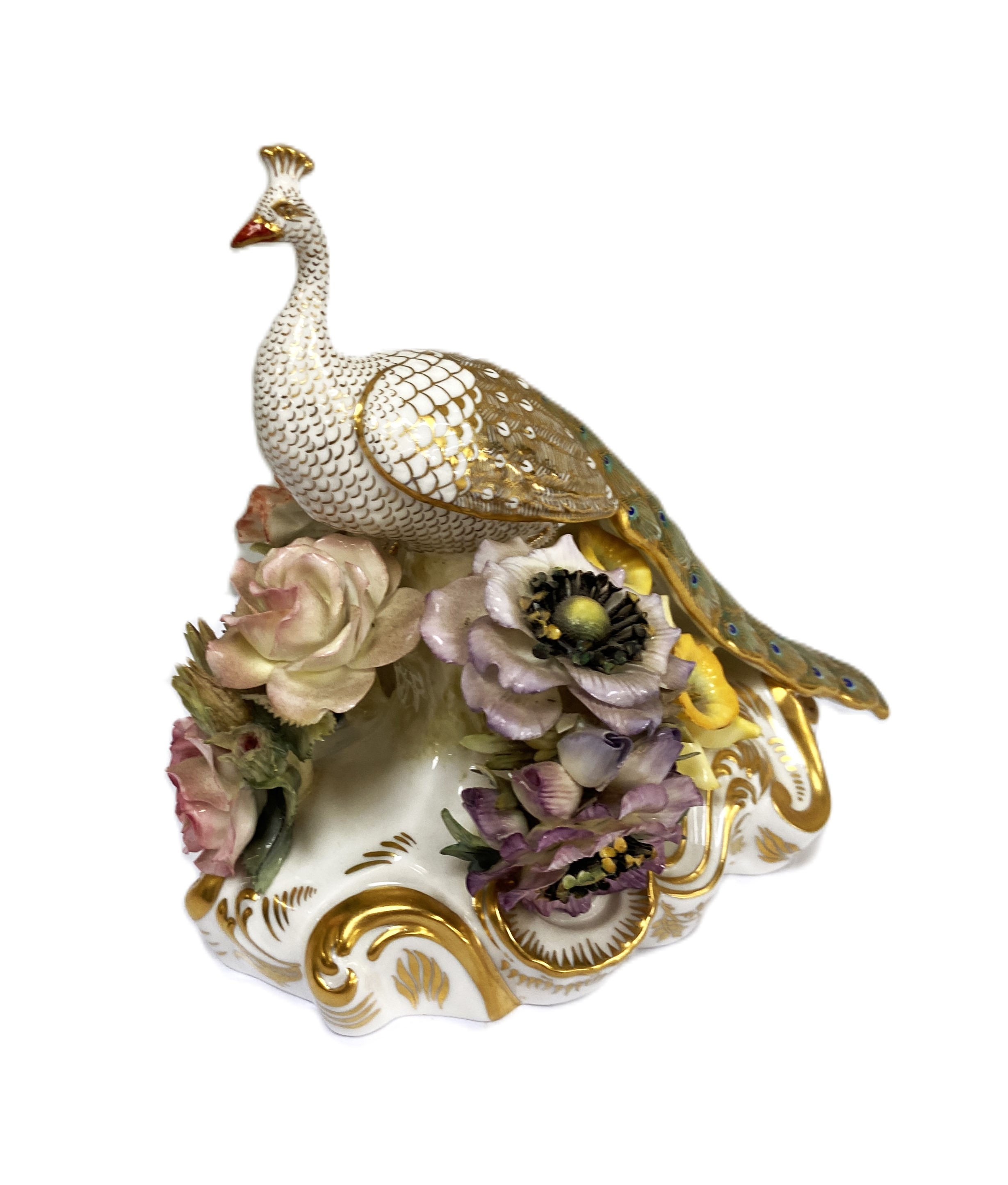 Royal Crown Derby, two figures of peacocks, both set on floral encrusted and gilt bases, decorated - Image 3 of 4