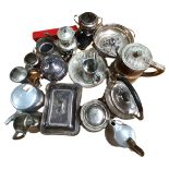 A selection of assorted silver plate, including a covered tureen; a banded wooden water jug; teapots