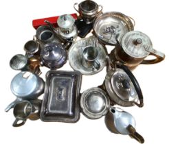 A selection of assorted silver plate, including a covered tureen; a banded wooden water jug; teapots