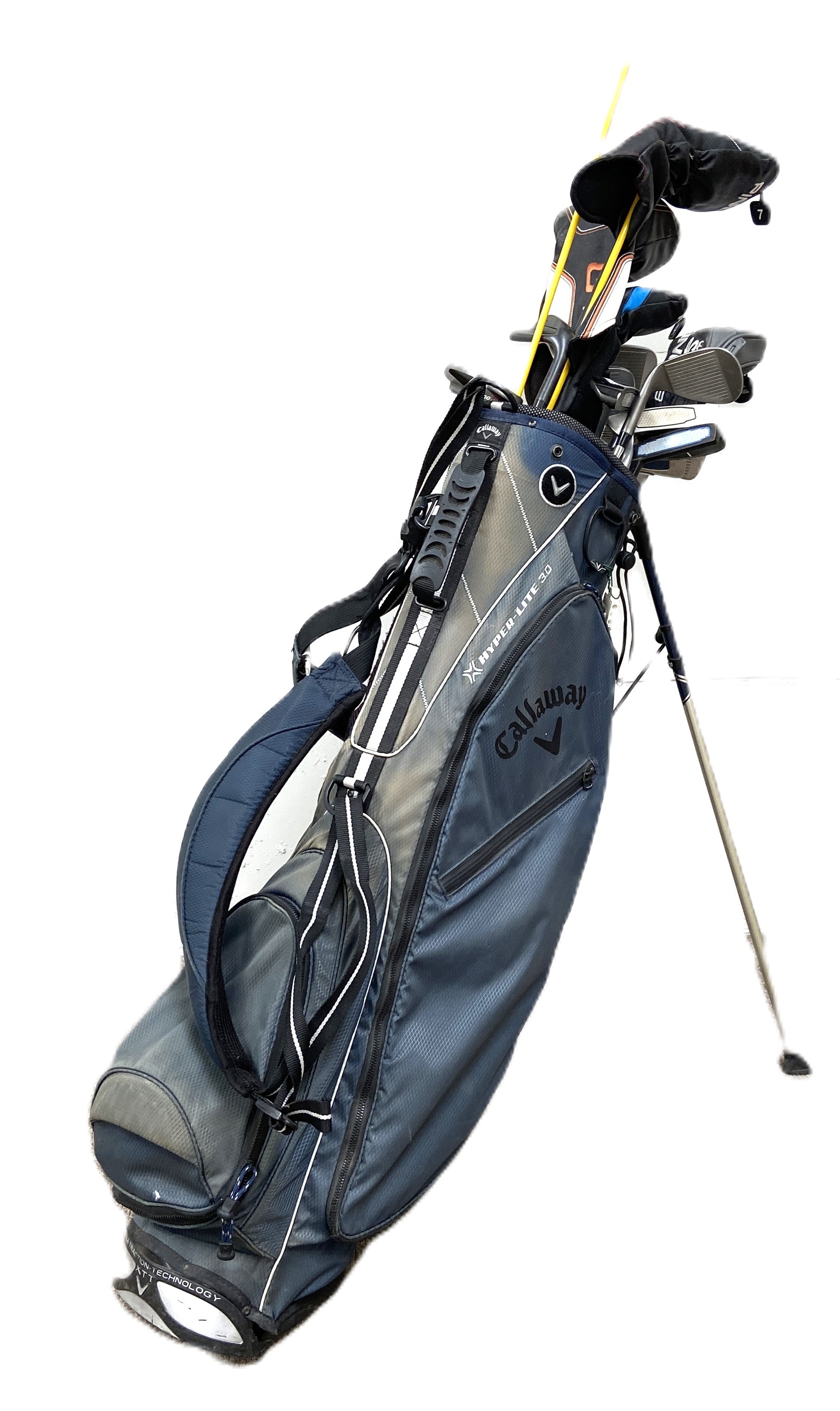 GOLF: A gold bag and folding golf trollley and assorted clubs, including Ping Cadence TR putter etc. - Image 5 of 9