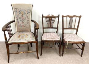 An Edwardian upholstered and spindle set armchair; together with two small inlaid parlour chairs (