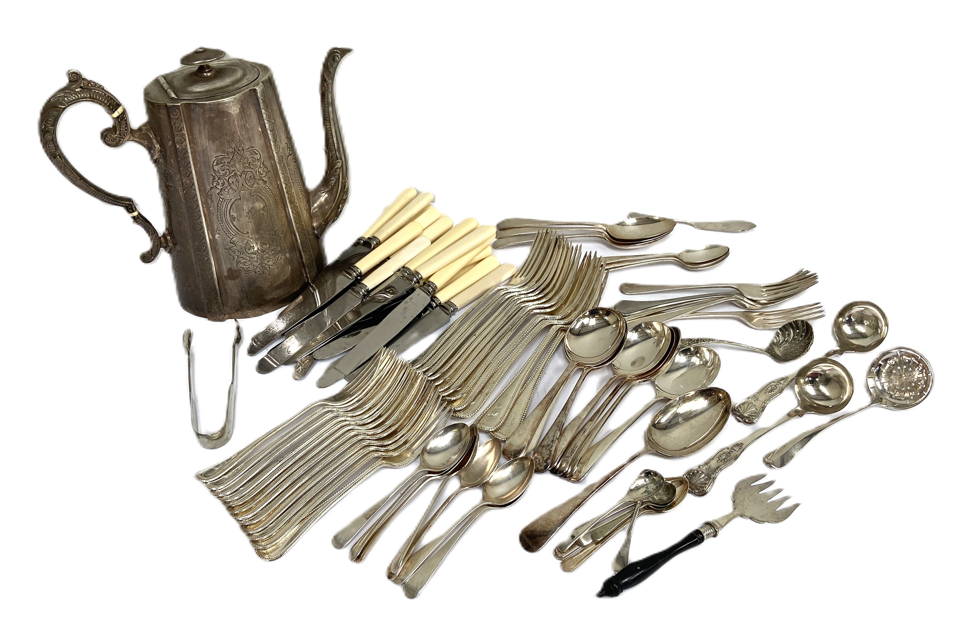 A mixed lot of assorted silver plated flatware, including sifter spoons, a bread fork, also a coffee