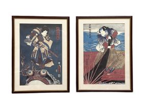 Six Japanese ‘woodblock’ style prints, including Ukiyo-e reprint of Fire Toad and a Samurai, 49cm
