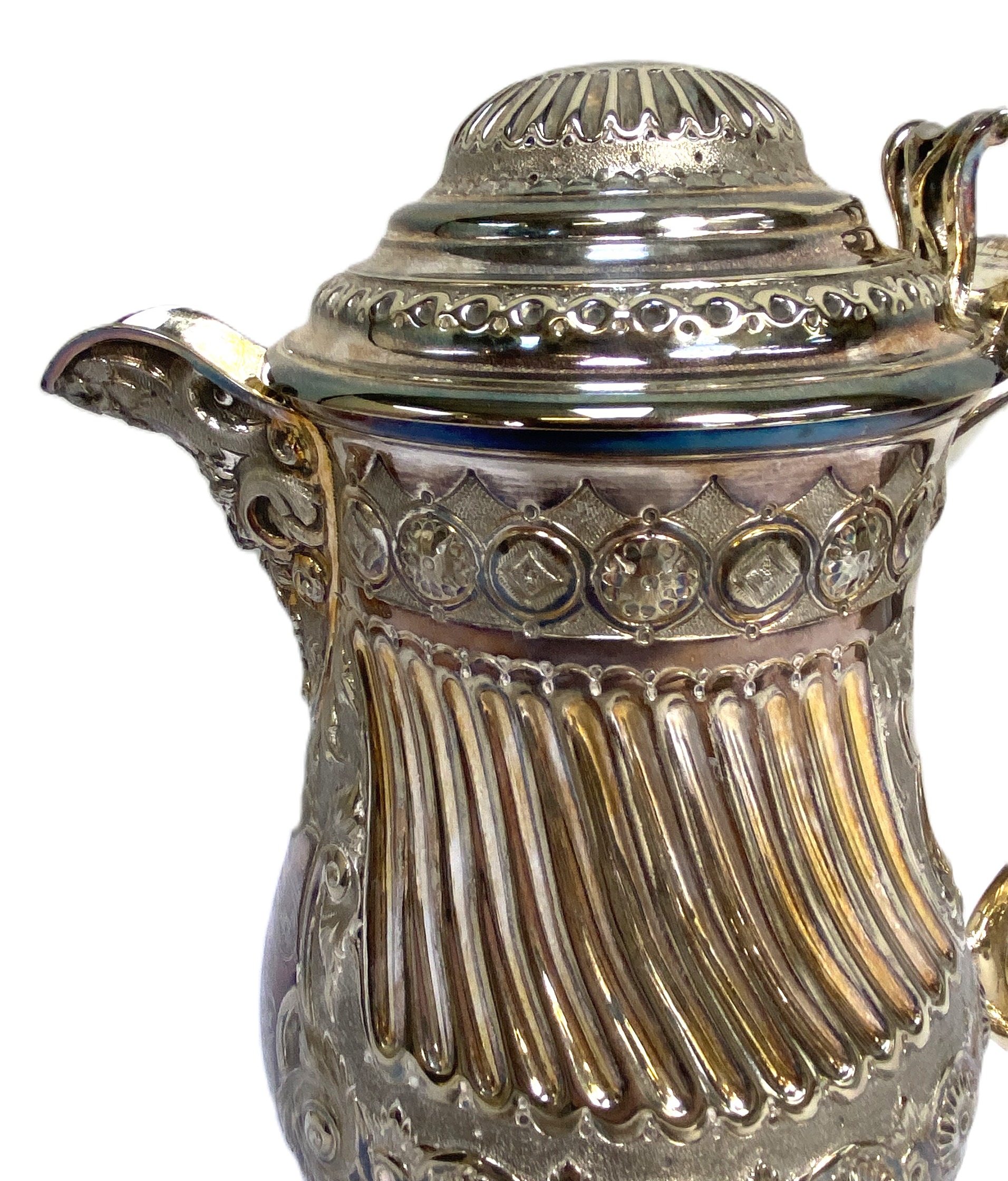 An impressive silver plated Queen Anne Style baluster covered jug, with embossed decoration and - Image 5 of 6