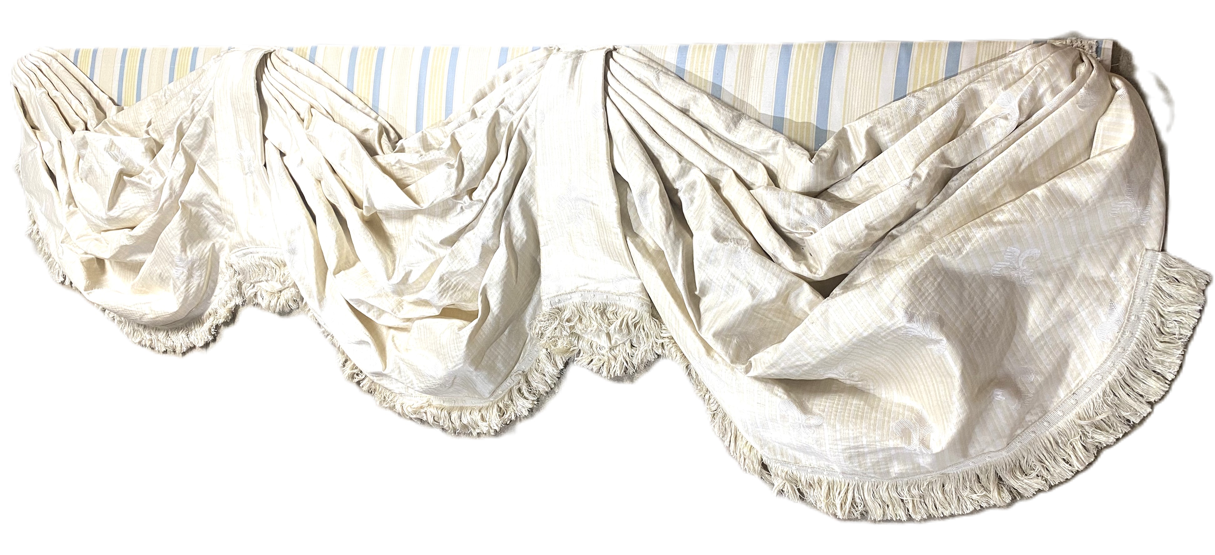 A pair of curtains, the fabric with blue and yellow stripes, tasselled edges - Image 7 of 9