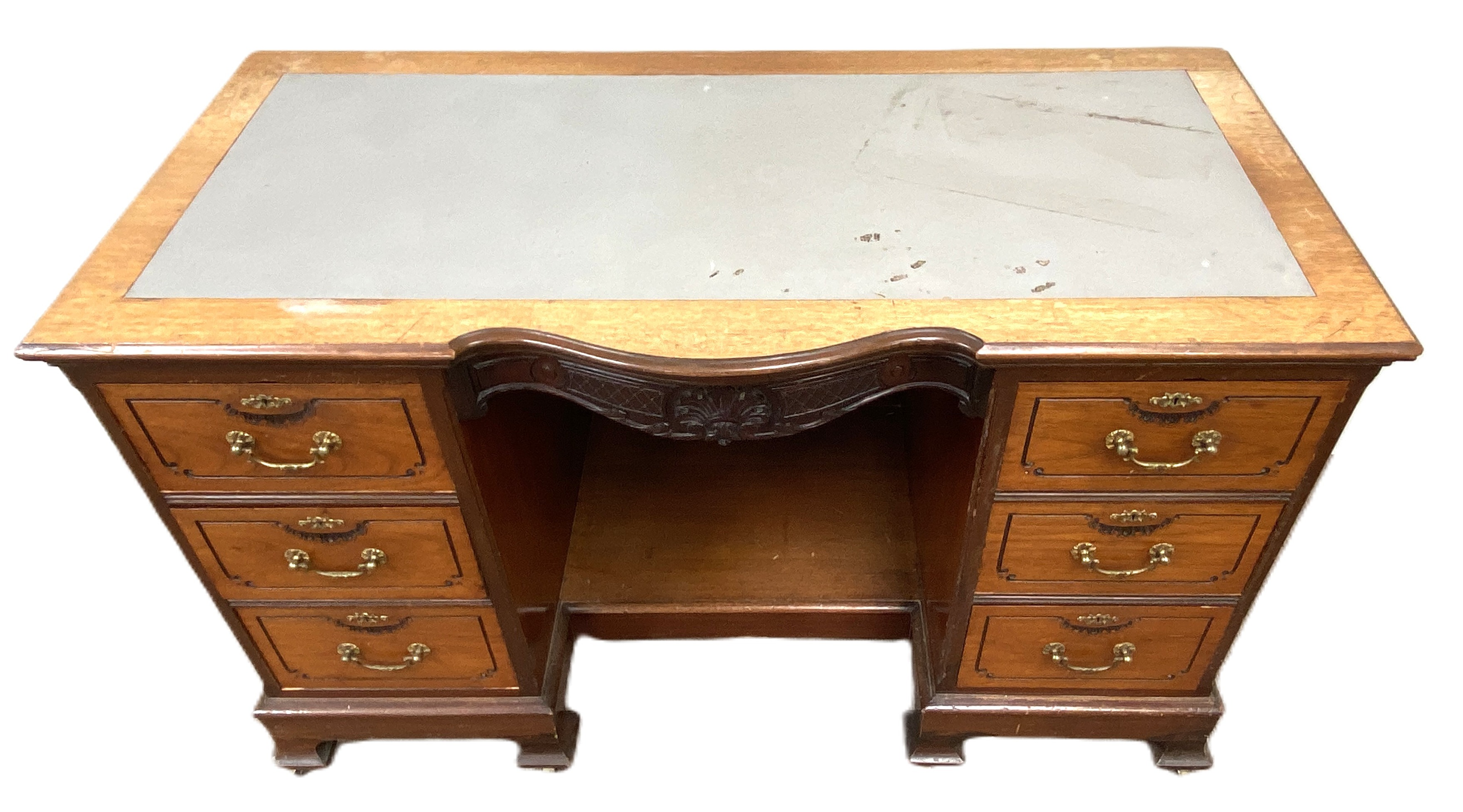 A late Victorian mahogany kneehole desk, with shaped and moulded oblong top over a footwell and - Image 4 of 8