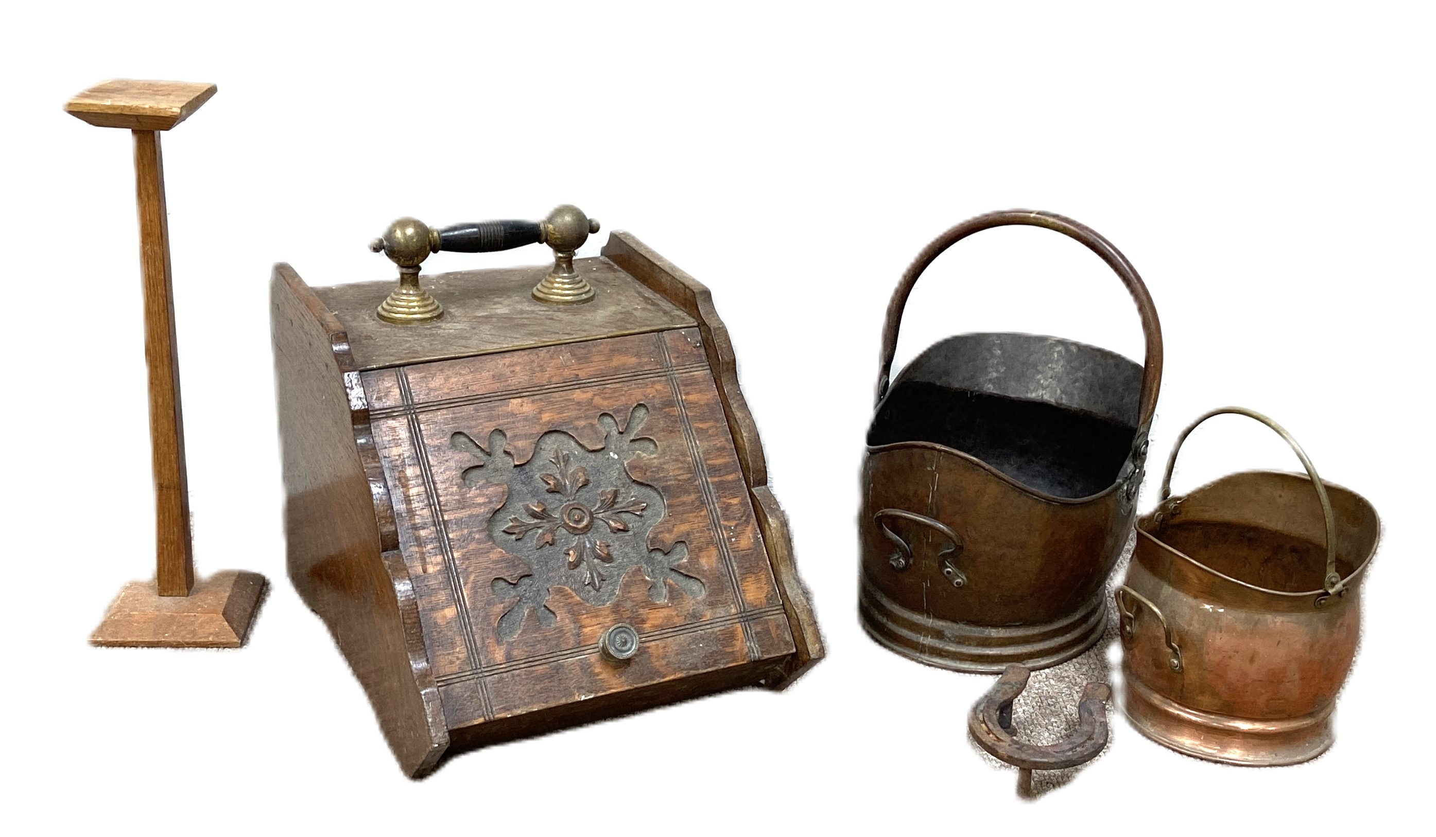 A Victorian carved front coal box, also two helmet coal scuttles and other items (a lot)