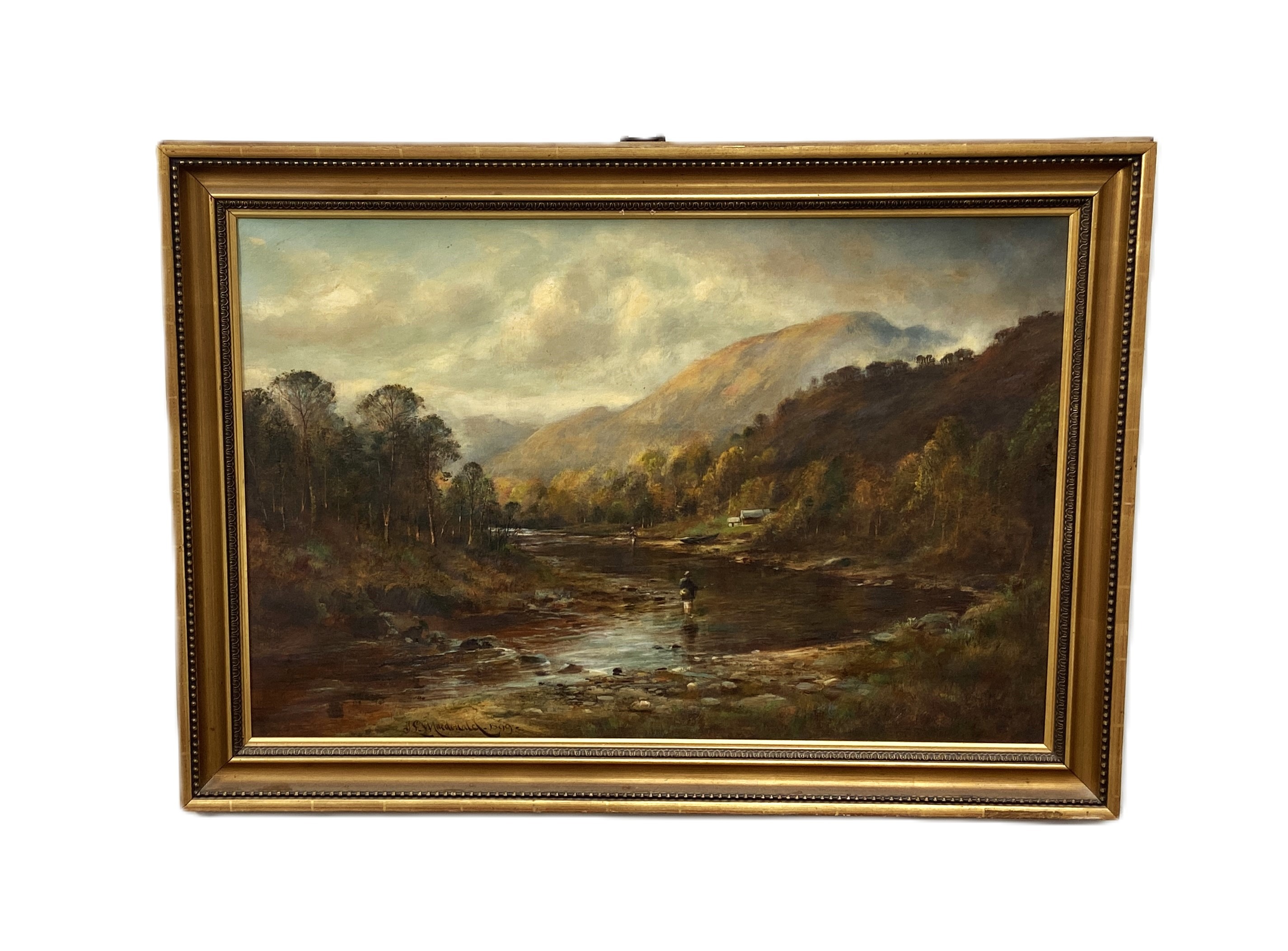 J.L MACDONALD, Scottish, 19th century, Fly Fishing in the Highlands,  oil on canvas, signed LL: J. - Image 2 of 4