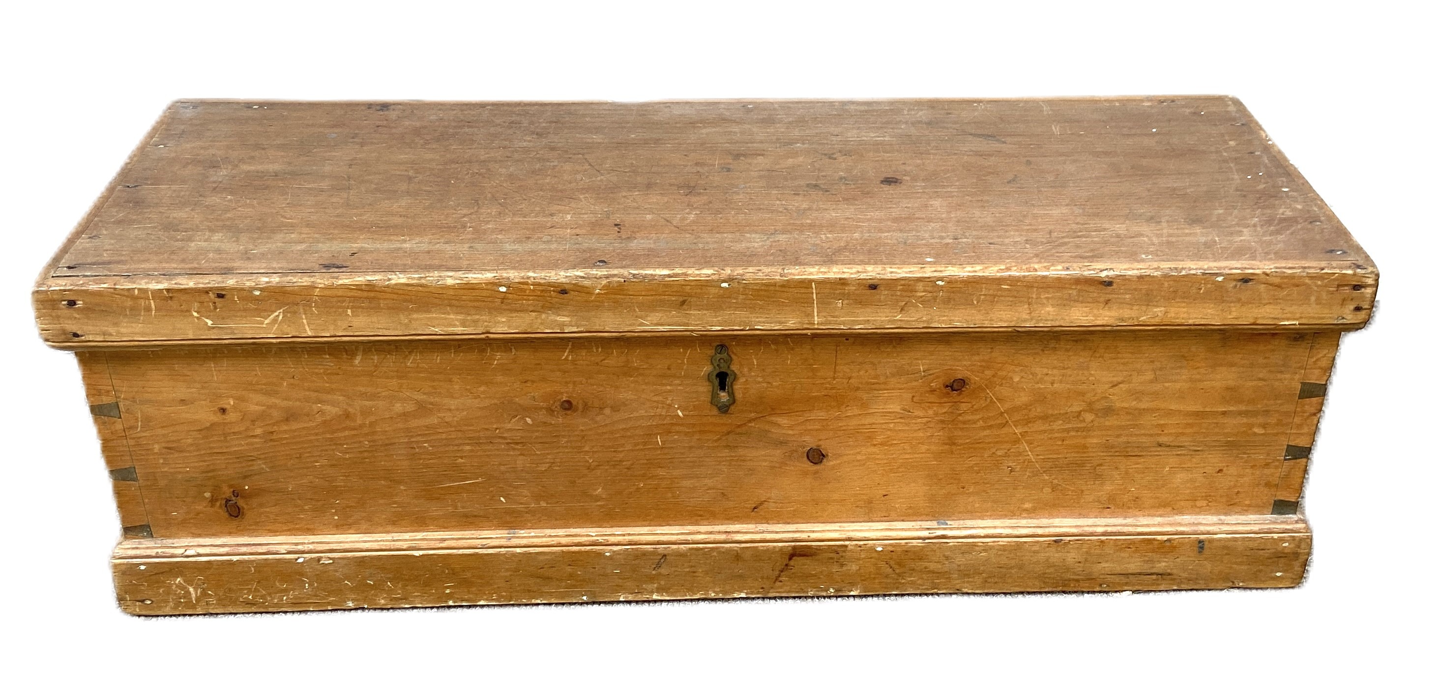 A vintage pine tool chest, with hinged top; together with a small selection of old wood-working