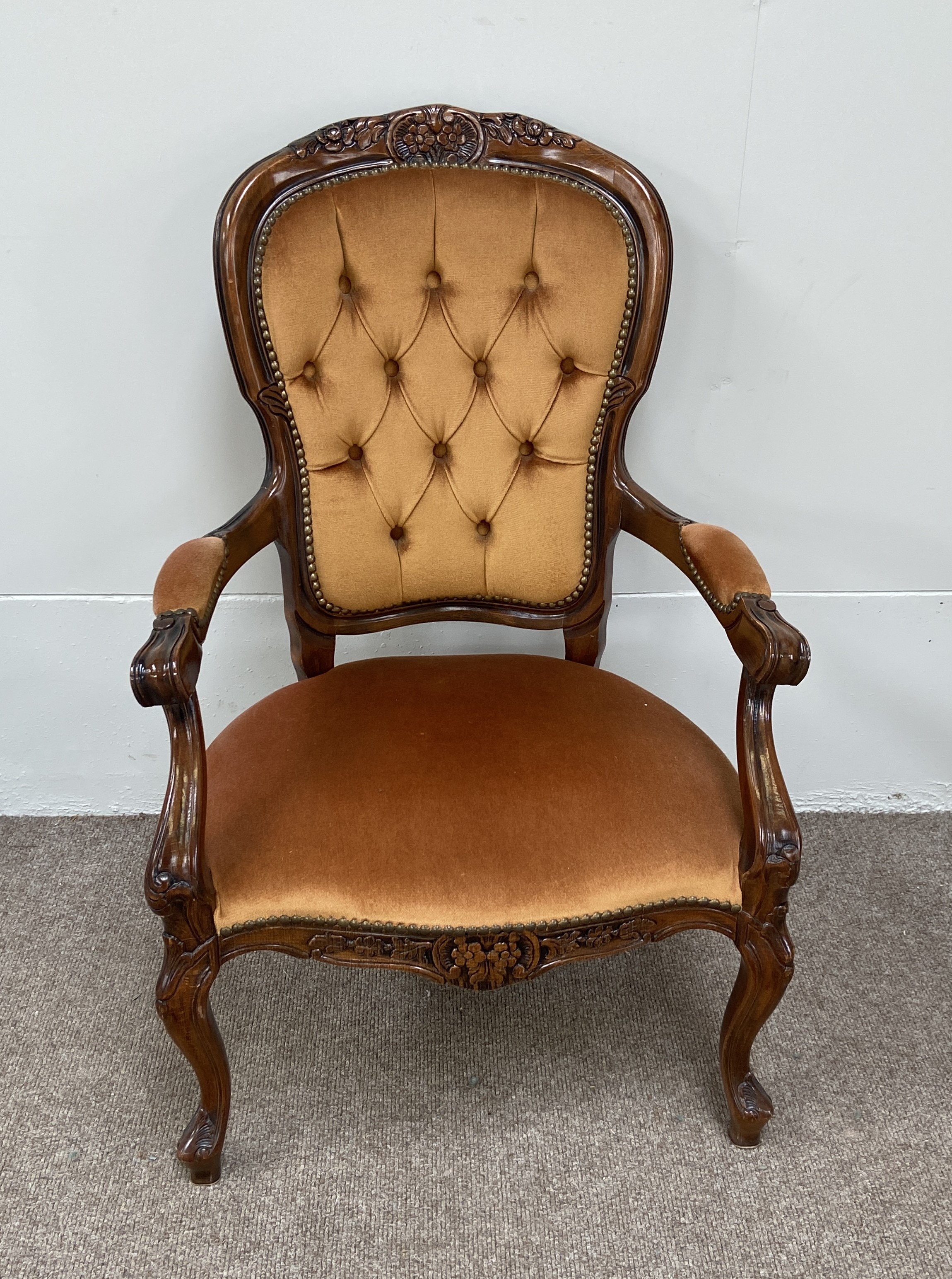 A Victorian style button upholstered easy chair, with padded arms and cabriole legs; also a piano - Image 2 of 5