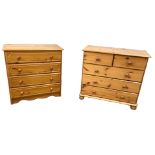 A pair of modern pine bedside chests, with three drawers, 43cm wide; also two modern pine chests
