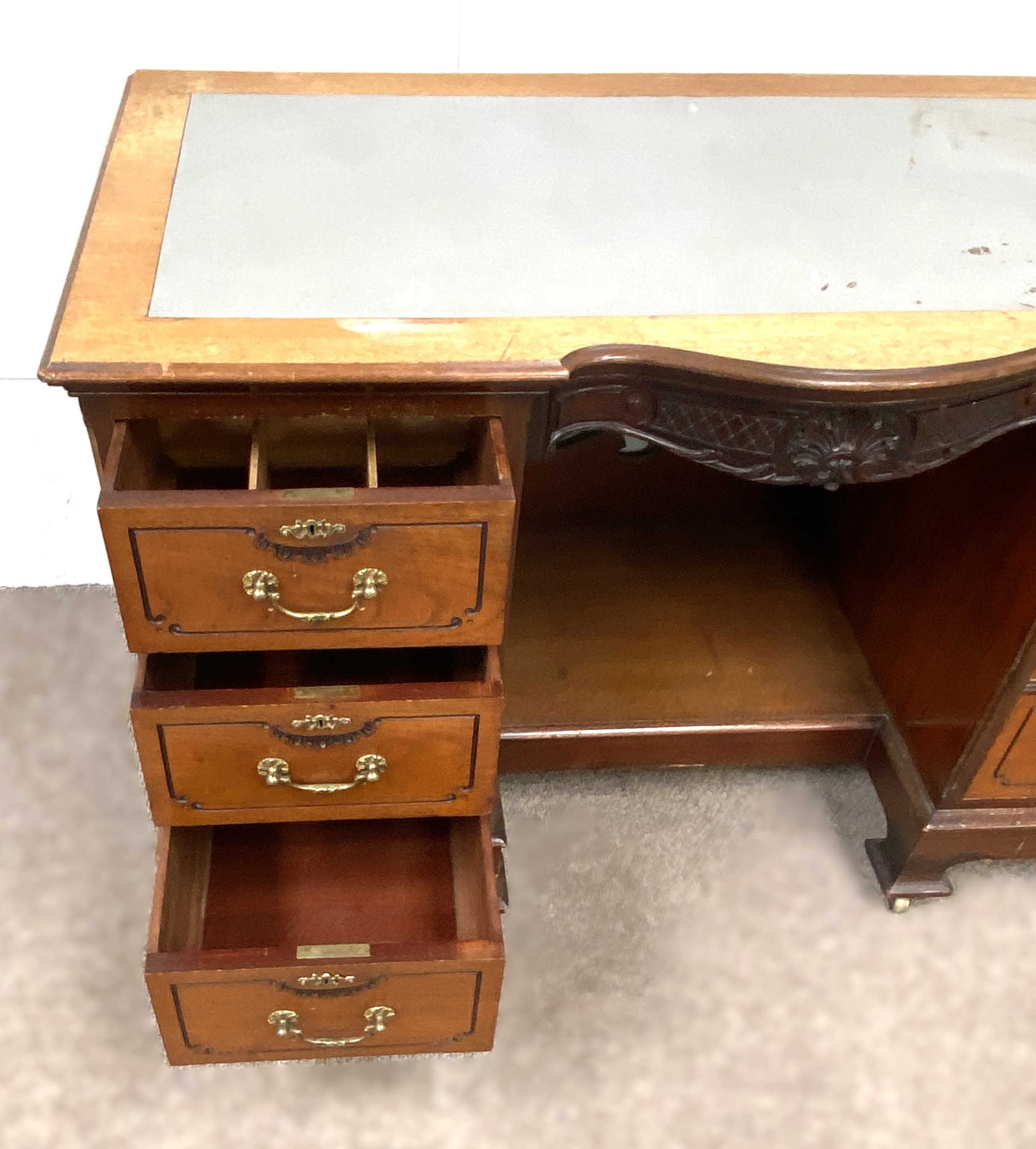 A late Victorian mahogany kneehole desk, with shaped and moulded oblong top over a footwell and - Image 6 of 8