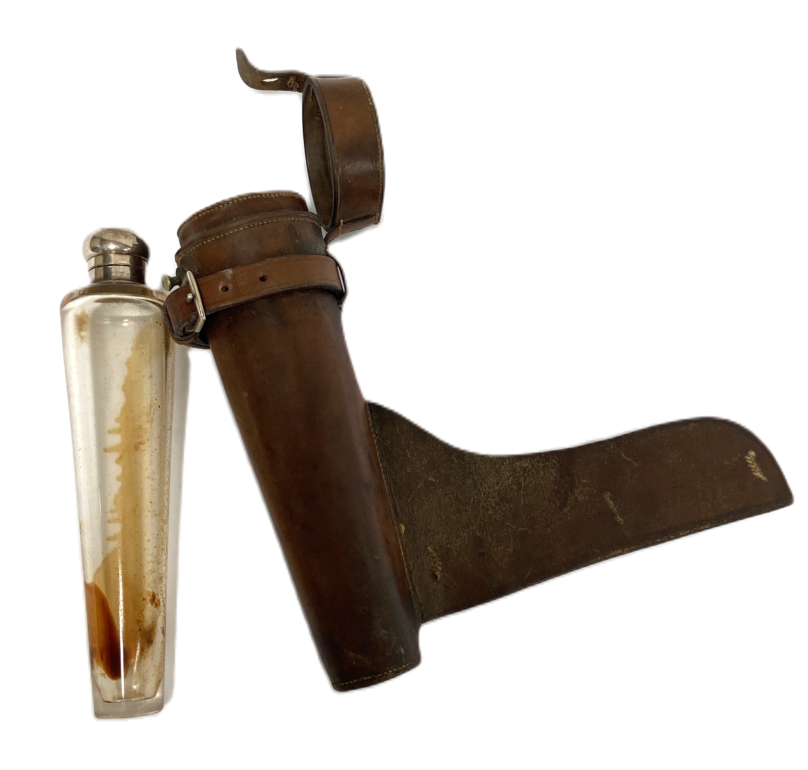 A vintage Hunter's hip flask, with tapered bottle, silver plated cap and leather holster (2)