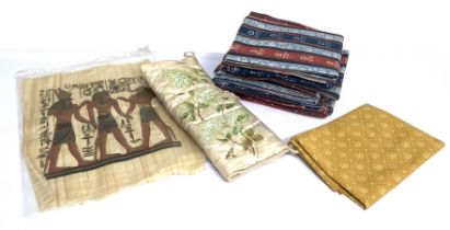 Assorted textiles, including a pair of lined multi coloured and striped curtains; a hand painted