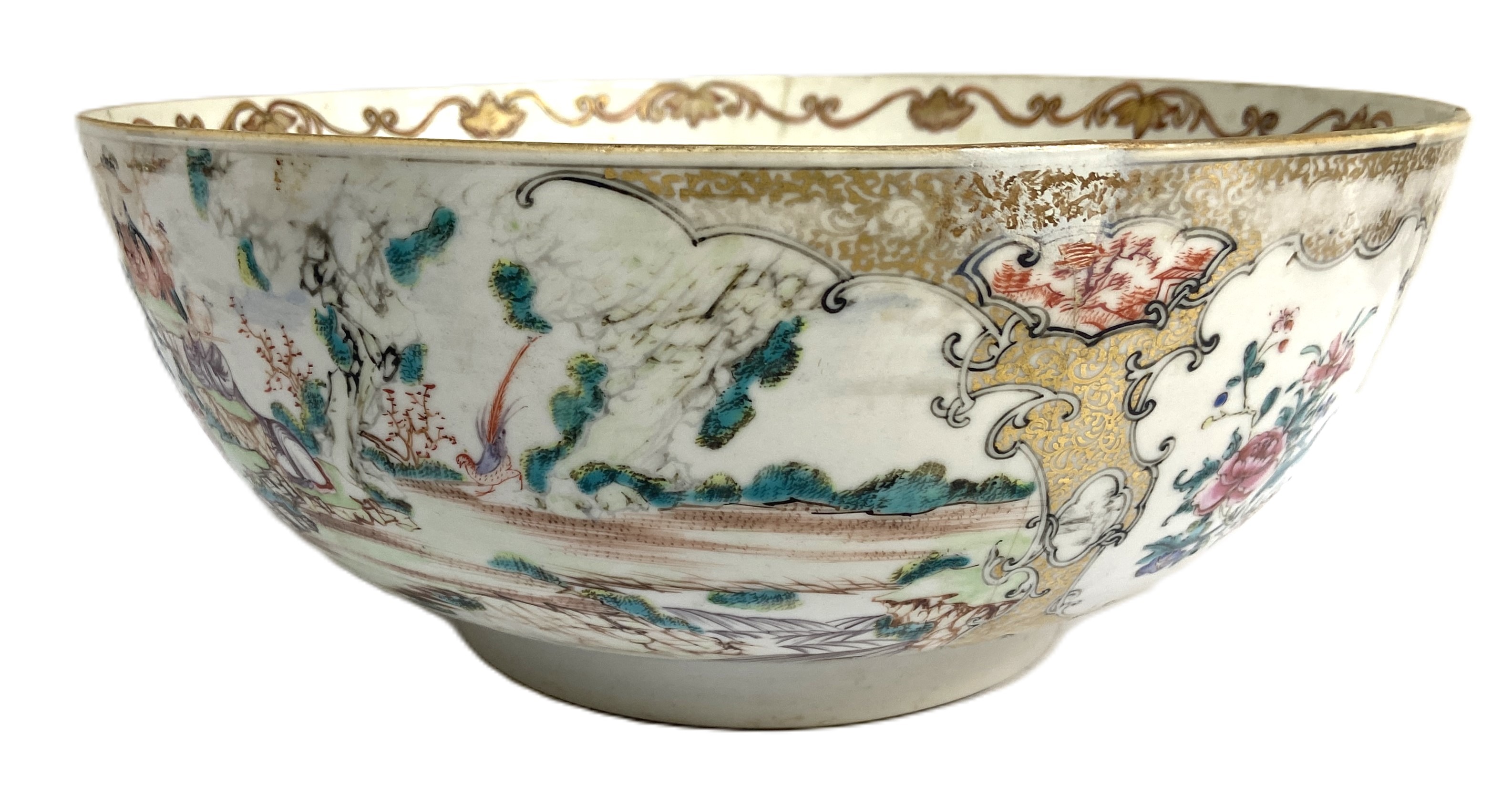 A Chinese export famille verte porcelain punch bowl, probably Qianlong, 18th century, decorated with - Image 2 of 7