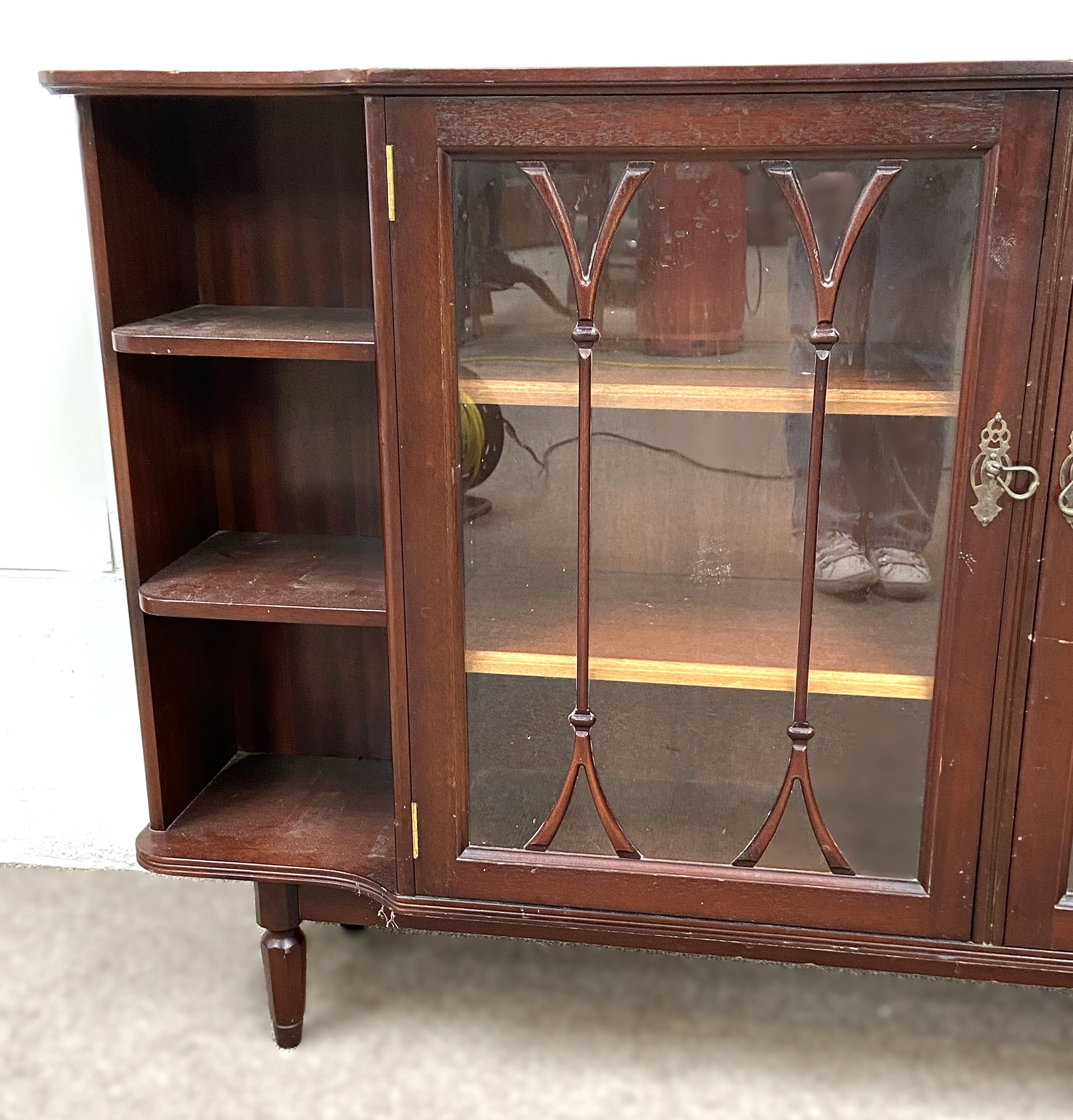 A Georgian style low bookcase, modern, with two glazed bookcase doors flanked by open shelves, - Image 2 of 3