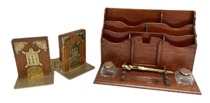 A late Victorian mahogany stationary desk stand; together with a pair of vintage Chinese brass and