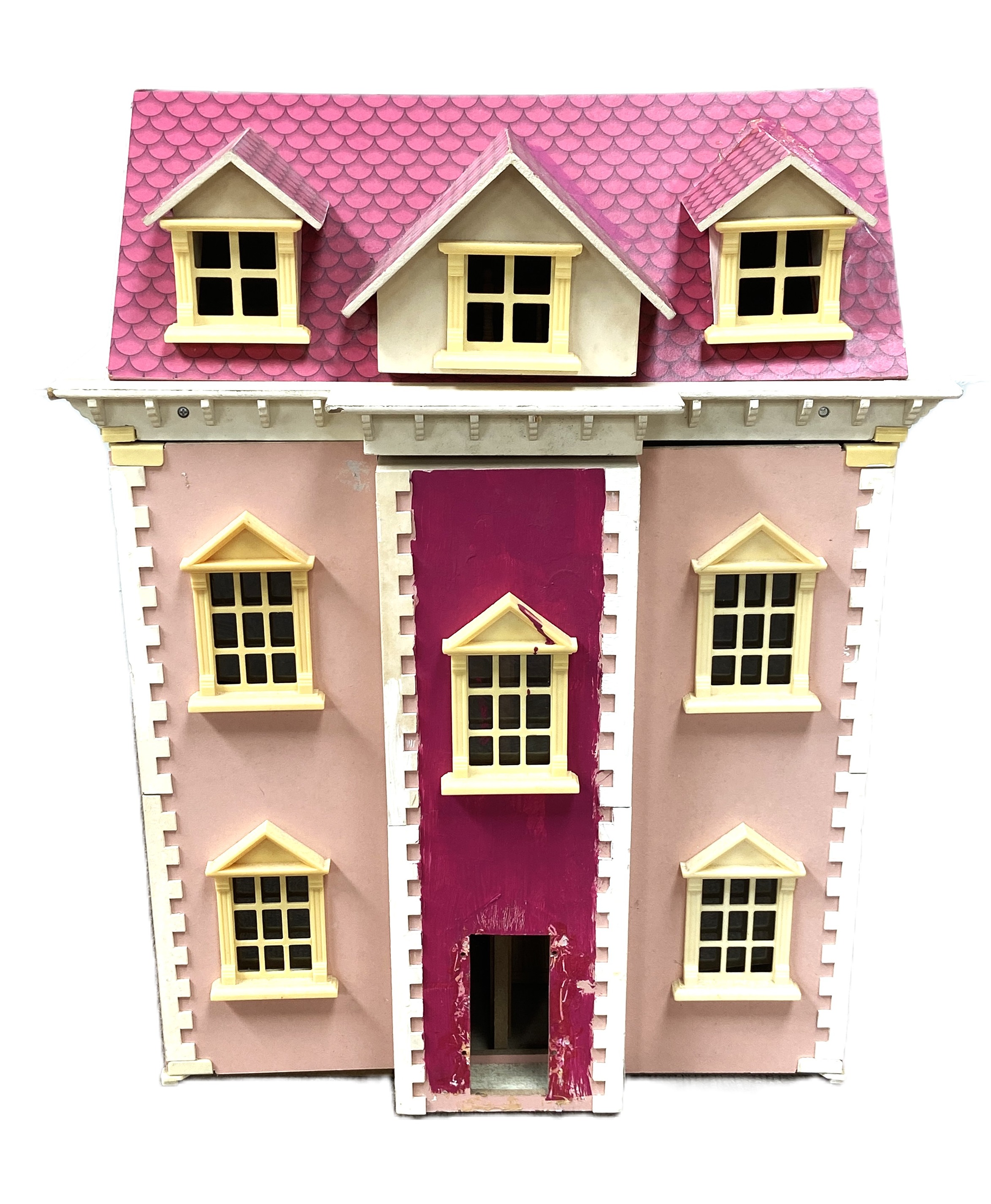 A Queen Anne style child’s Dolls House, with painted hinged front opening to four rooms, 57cm wide