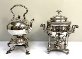 An Old Sheffield Plate samovar, 19th century, with twin ebonised side handles, a tap mounted urn and