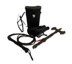 A pair of Revue 8x56 field binoculars, cased; together with a leather whip and a novelty Battle