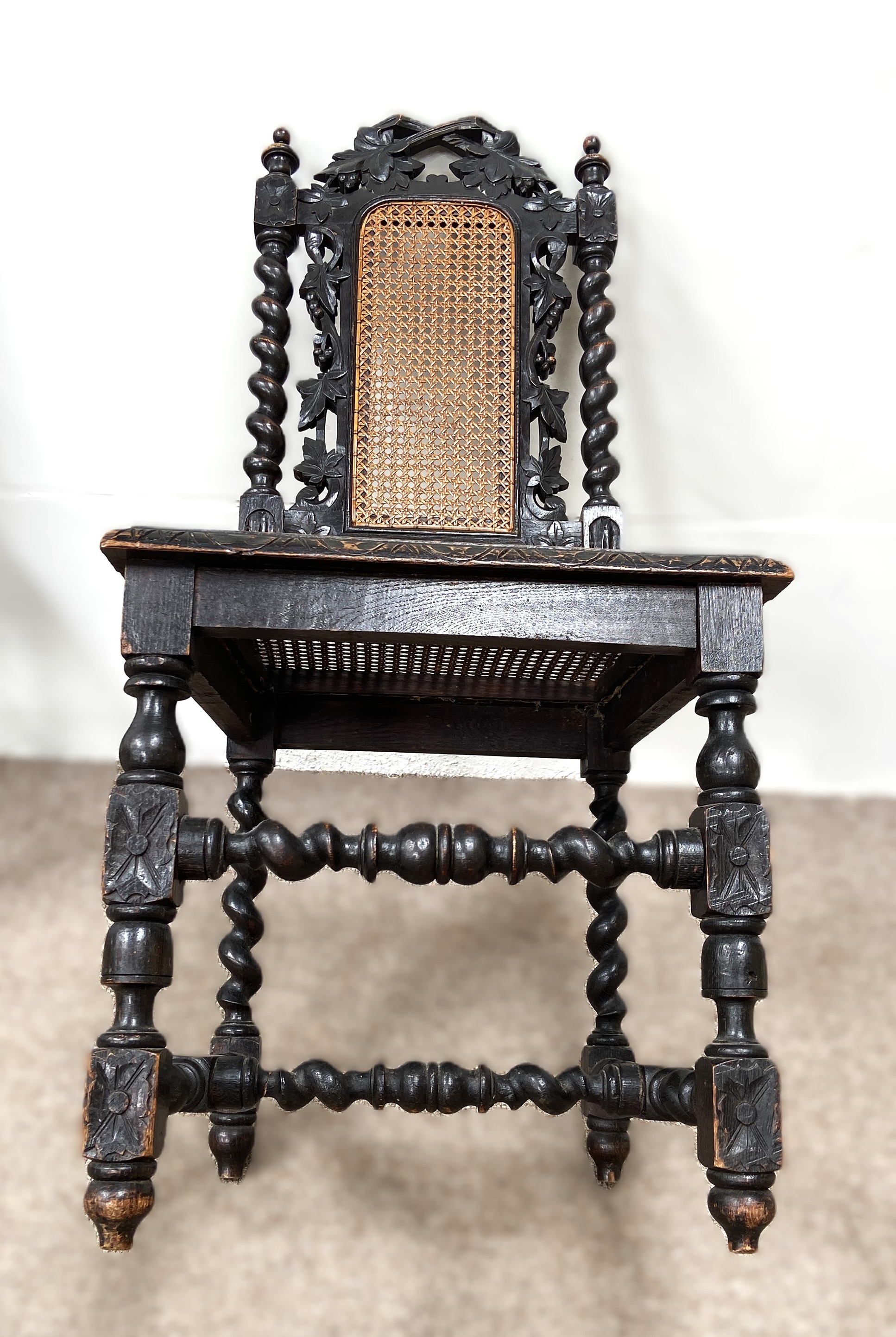 A pair of late Victorian oak framed hall chairs, with vine carved crests and caned seats; also two - Bild 6 aus 12